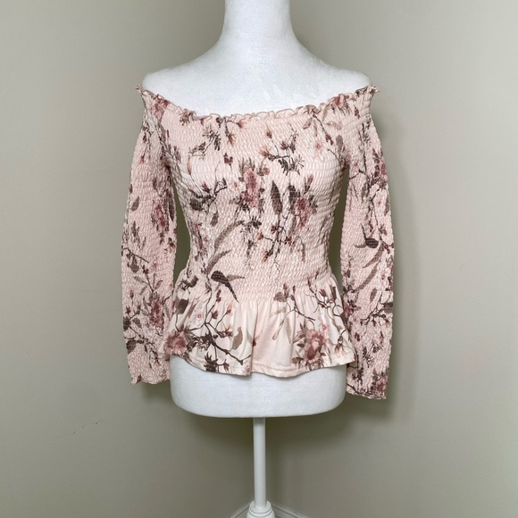 Orange Kiss Tops - Womens Off Shoulder Ruched Ling Sleeve Pink Floral Blouse Size Large